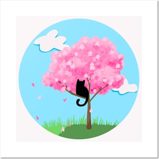 Black Cat in A Cherry Blossom Tree Posters and Art